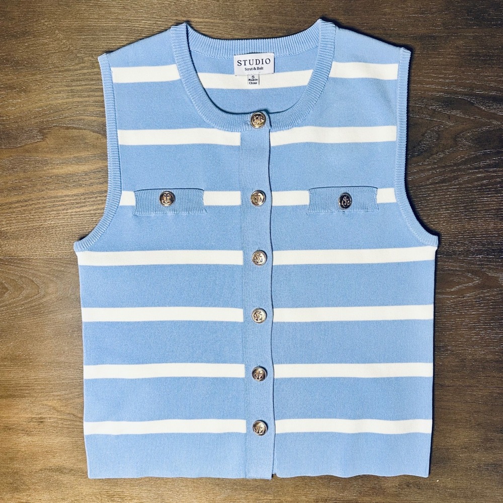 STUDIO Strut & Bolt Blue White Stripe Knit Vest Top Women's S GOLD BUTTONS‎